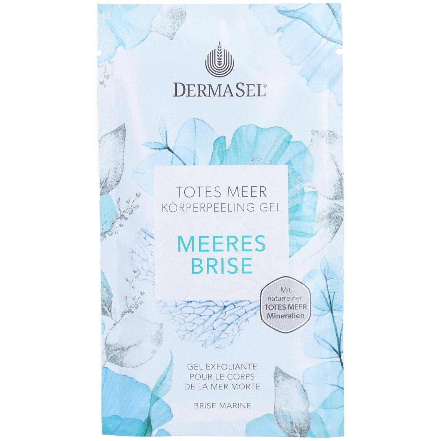 Körperpeeling-Gel-Beutel. Marke DERMASEL. Produktname: Meeresbrise. Text: Totes Meer Körperpeeling Gel. Mit natürlichen Totes Meer Mineralien.