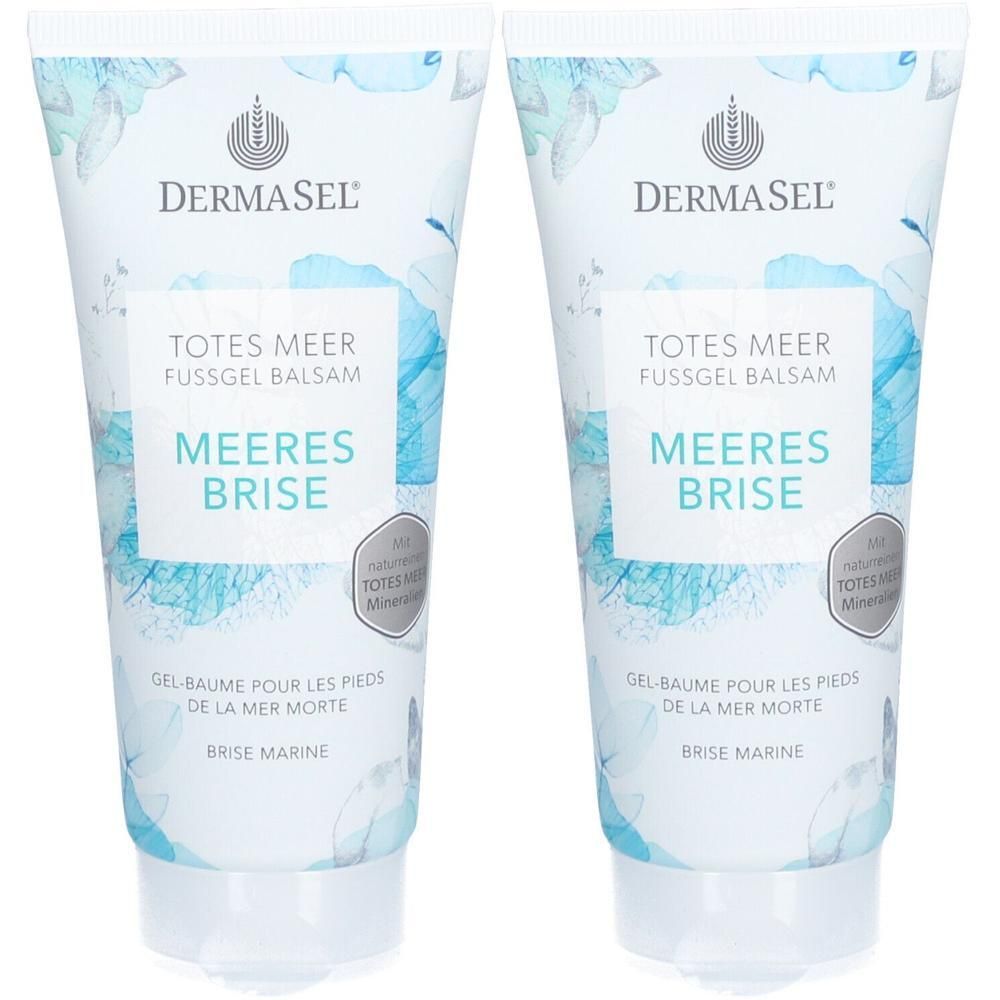 Zwei Tuben DERMASEL® TOTES MEER Fussgel Balsam mit Meeresbrise-Duft. Weiße Tuben mit blauen und weißen floralen Akzenten.