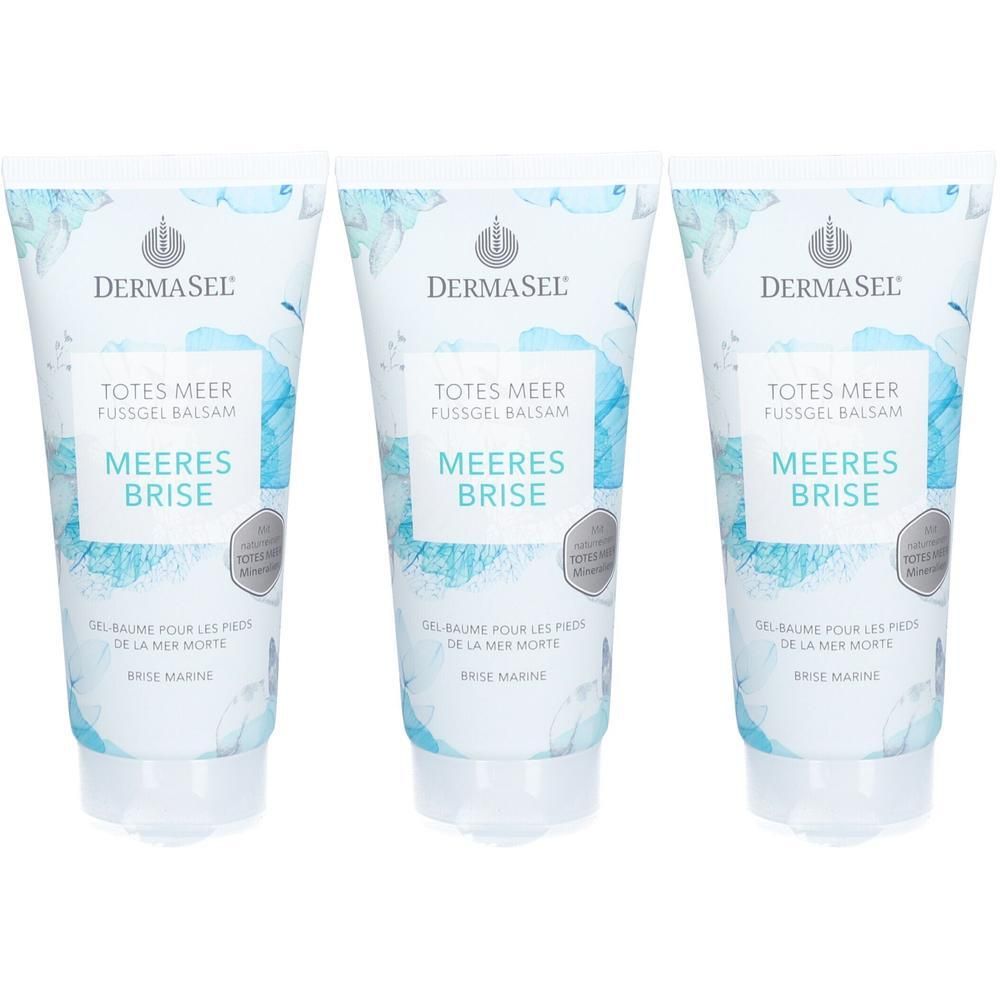 Drei Tuben DERMASEL® TOTES MEER Fussgel Balsam mit Meeresbrise-Design.