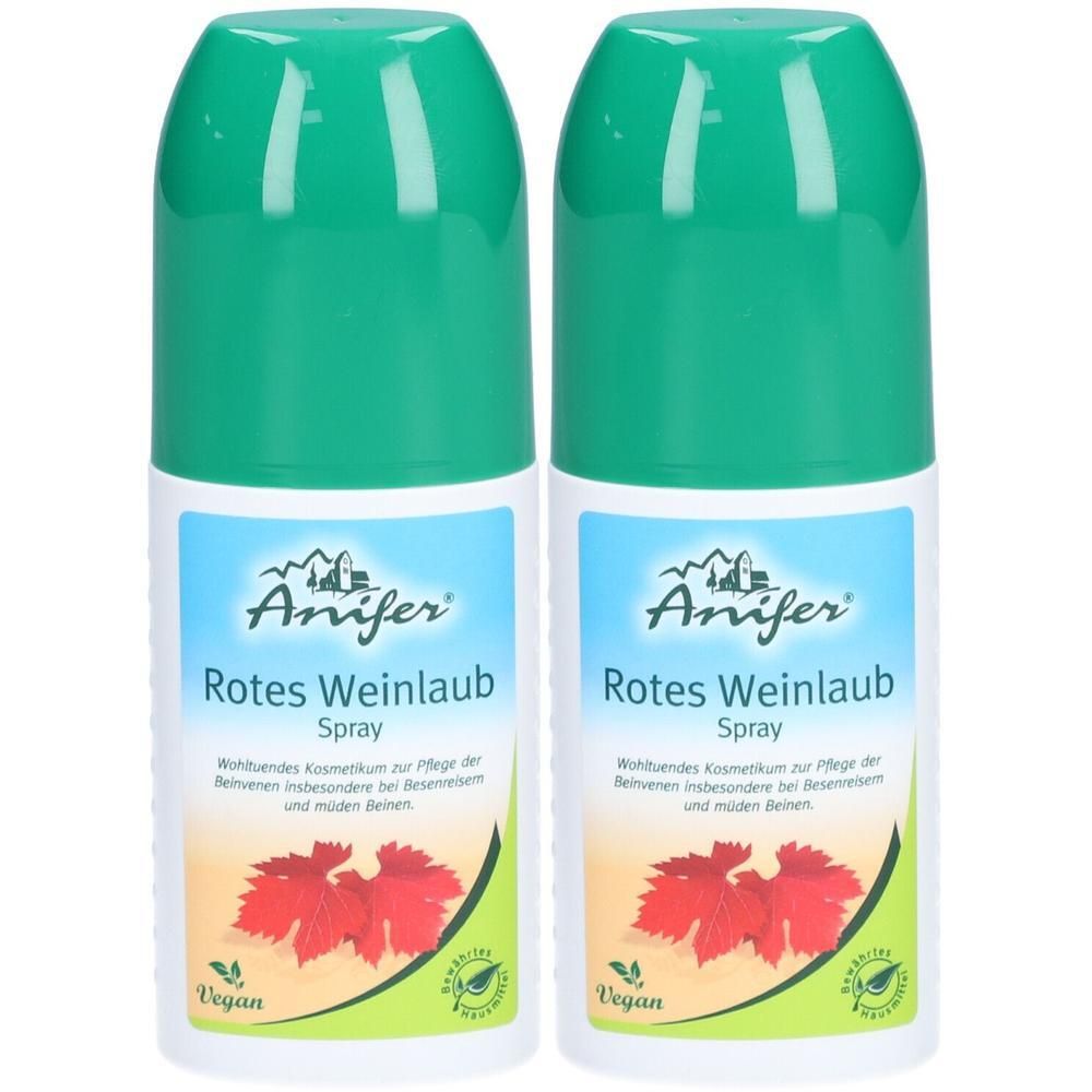 Zwei Sprühflaschen mit grünem Deckel und weißem Etikett. Aufschrift: Anifer Rotes Weinlaub Spray. Vegan-Siegel.