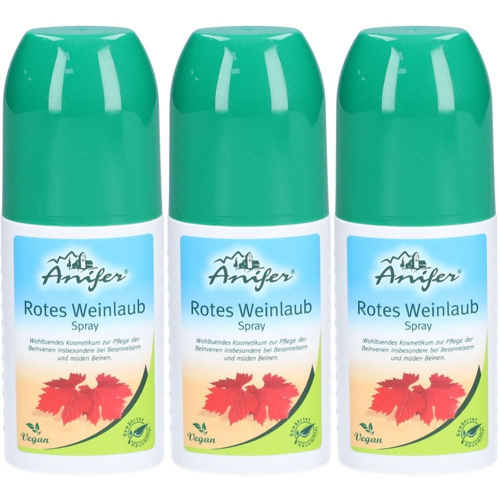 Drei Sprühflaschen mit grünem Deckel. Aufschrift: Anifer Rotes Weinlaub Spray. Vegan-Siegel. Rote Weinblätter abgebildet.