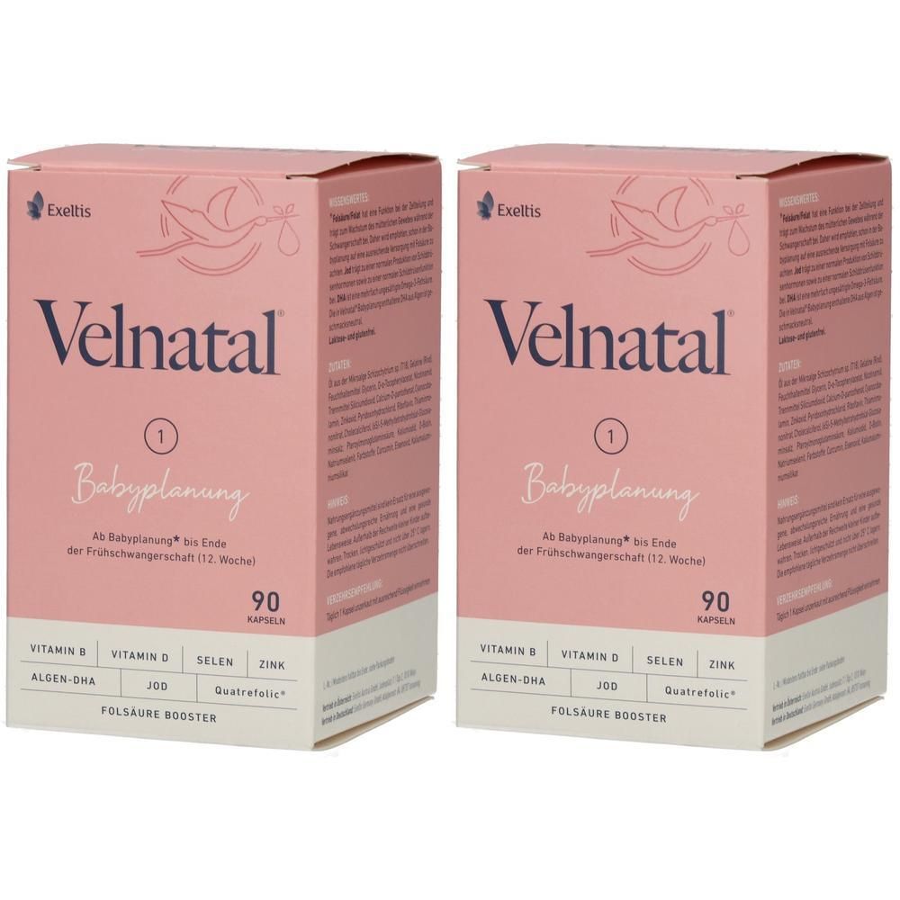 Zwei rosa Schachteln mit der Aufschrift Velnatal. Auf jeder Schachtel steht Babyplanung und die Anzahl 90 Kapseln.