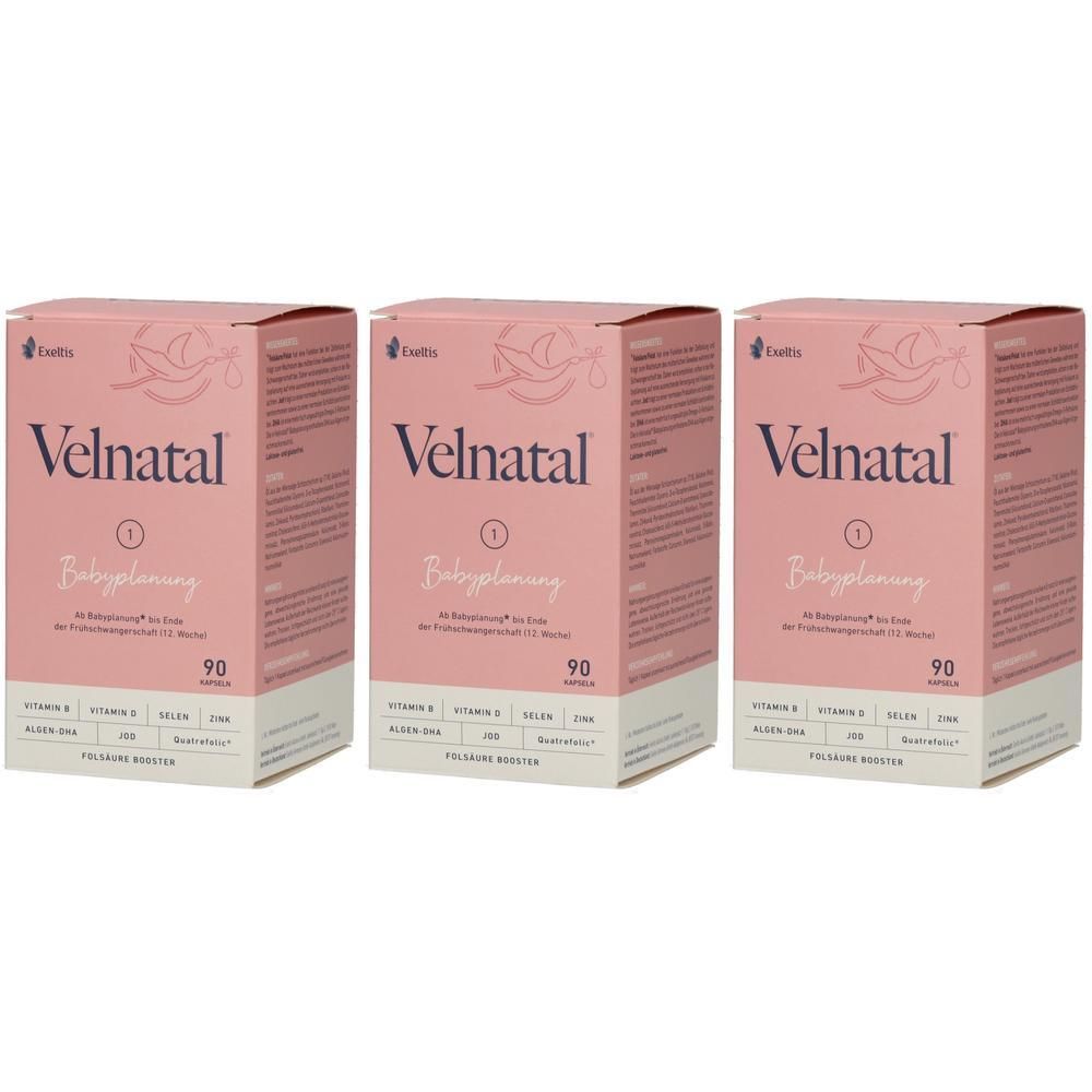 Drei rosa Schachteln mit der Aufschrift "Velnatal Babyplanung". Jede Schachtel enthält 90 Tabletten und enthält Vitamine.