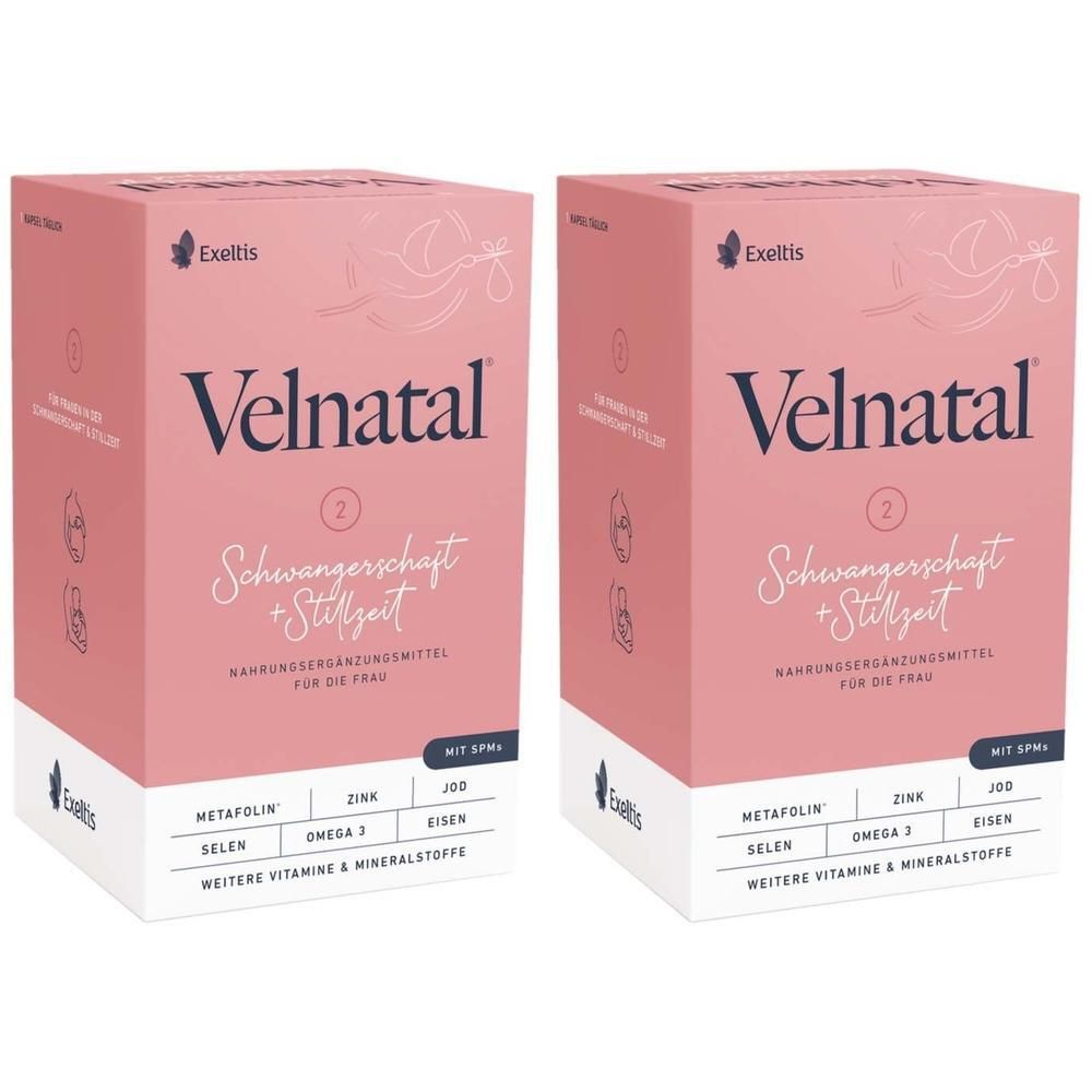 Zwei rosa Kartons mit "Velnatal"-Logo und Text. Enthält Nahrungsergänzungsmittel für Schwangerschaft und Stillzeit. Exeltis-Logo.