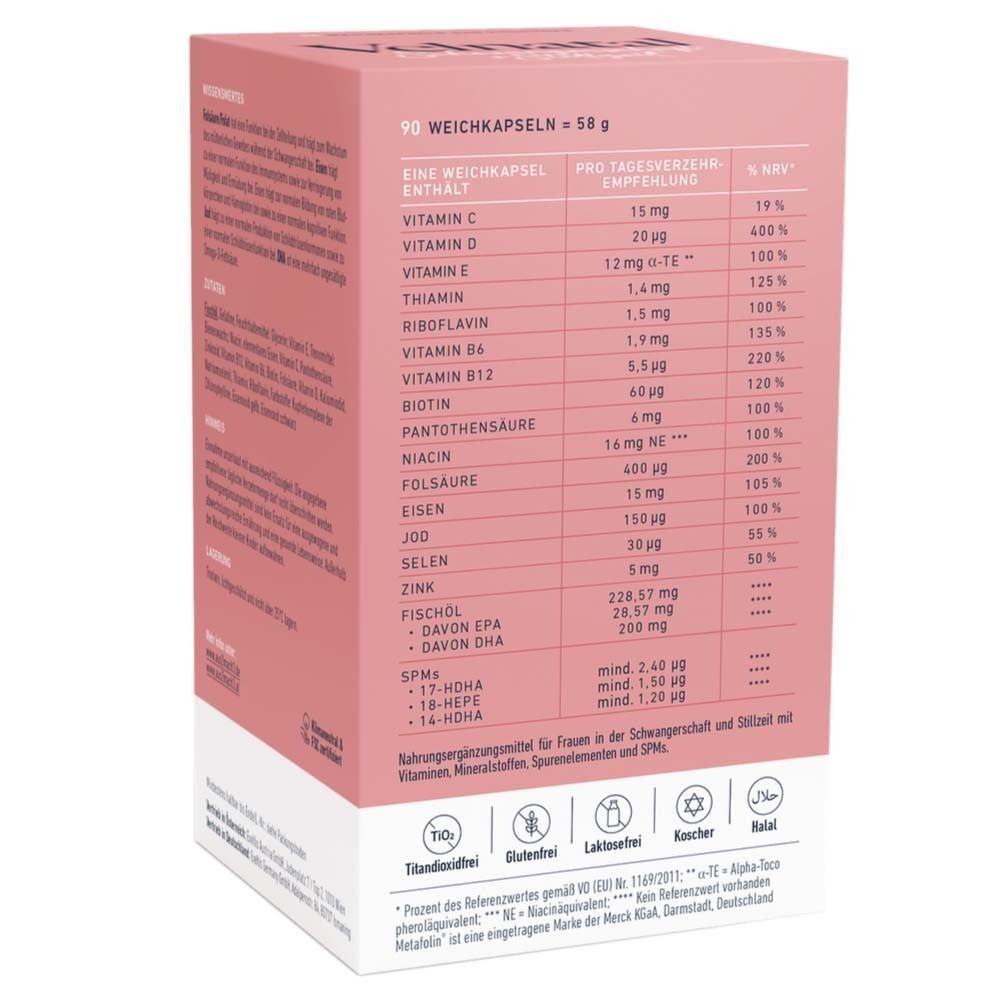 Rückseite einer rosa Schachtel mit Nährwertangaben. Enthält Vitamine, Mineralstoffe und Spurenelemente. Text in deutscher Sprache.