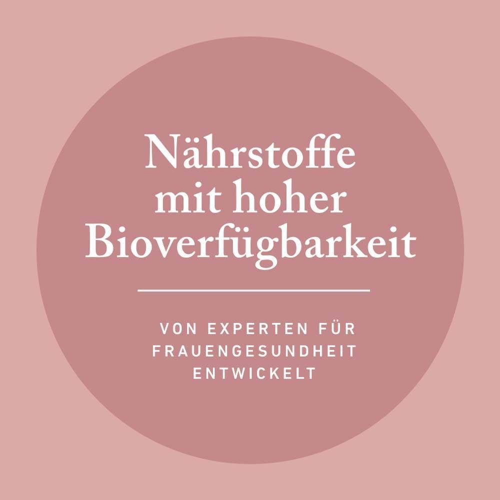Rosa Hintergrund mit Text: Nährstoffe mit hoher Bioverfügbarkeit. Von Experten für Frauengesundheit entwickelt.
