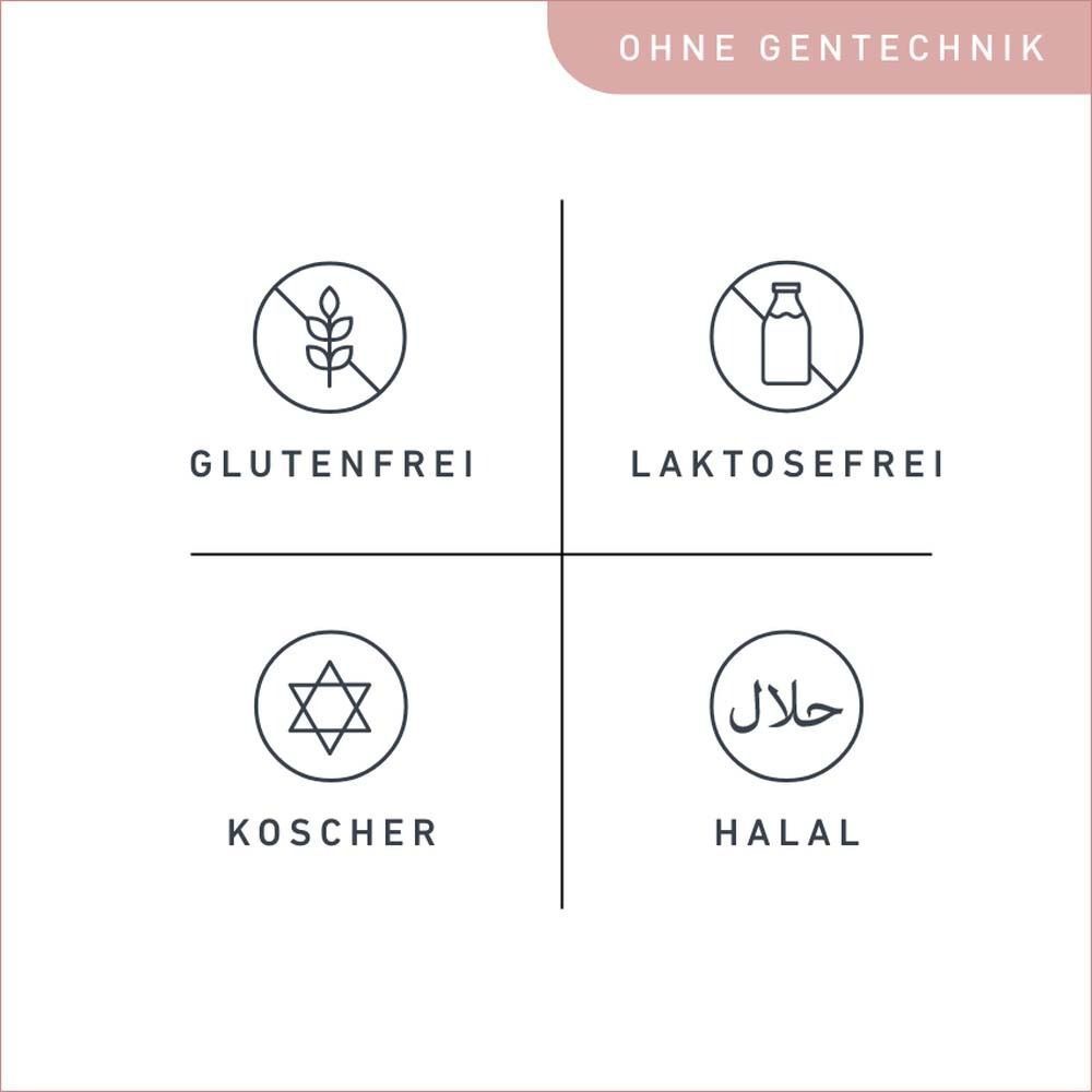 Grafik mit Symbolen: glutenfrei, laktosefrei, koscher, halal. Text: Ohne Gentechnik.