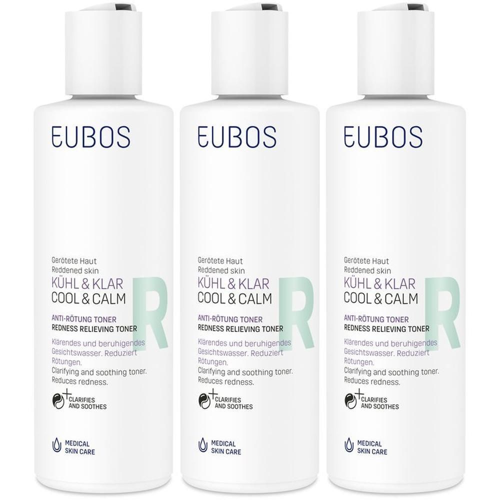 Drei weiße Flaschen mit Klappdeckel. Auf jeder Flasche steht „EUBOS“, „KÜHL & KLAR COOL & CALM“ und „ANTI-RÖTUNG TONER“.