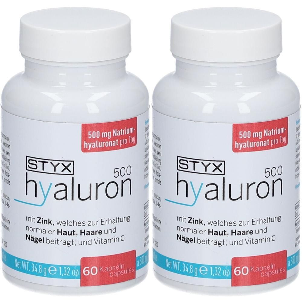 Zwei weiße Flaschen STYX hyaluron 500. Aufschrift: 500 mg Natriumhyaluronat, mit Zink, für Haut, Haare und Nägel. 60 Kapseln.