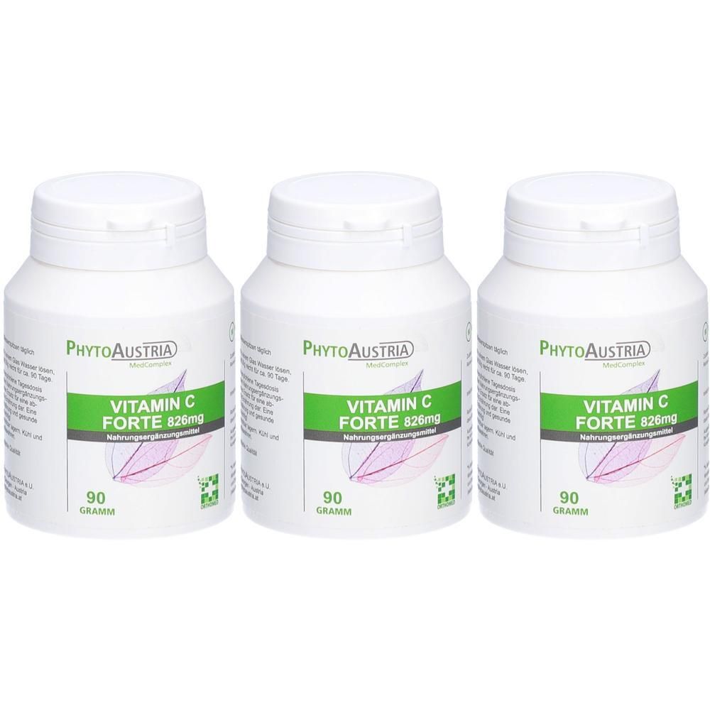 Drei weiße Flaschen mit Schraubverschluss. Auf jeder steht "VITAMIN C FORTE 826mg" und "90 GRAMM". Marke: PhytoAustria.
