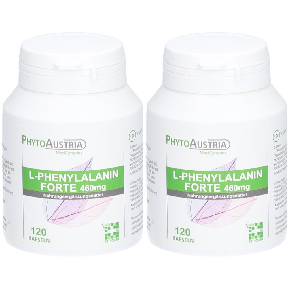 Zwei weiße Flaschen mit dem Produktnamen L-Phenylalanin Forte 460mg. Aufschrift: PhytoAustria, 120 Kapseln. Nahrungsergänzungsmittel.