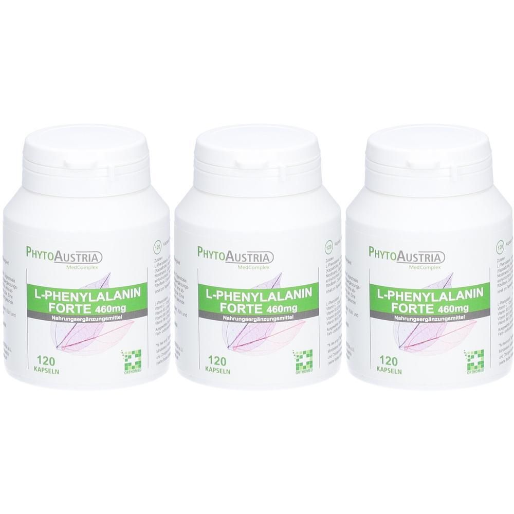 Drei weiße Flaschen mit Etiketten. Aufschrift: L-Phenylalanin Forte 460mg. Jede Flasche enthält 120 Kapseln.