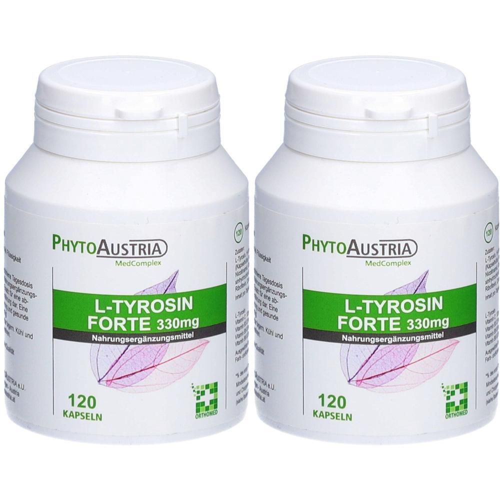 Zwei weiße Flaschen mit Schraubverschluss. Aufschrift: PhytoAustria L-Tyrosin Forte 330mg, 120 Kapseln. Nahrungsergänzungsmittel.