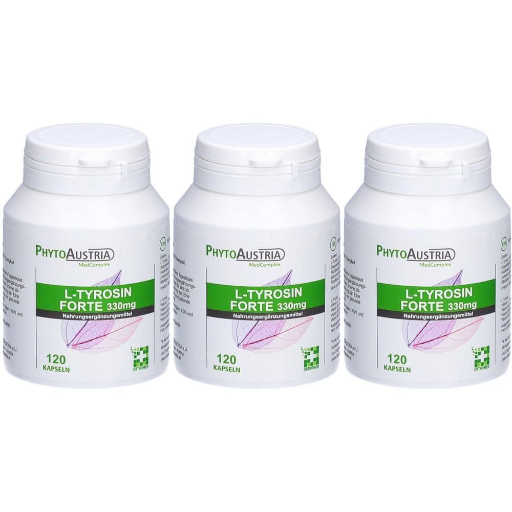 Drei weiße Flaschen mit Etiketten. Auf den Etiketten steht "PhytoAustria L-Tyrosin Forte 330mg" und "120 Kapseln".