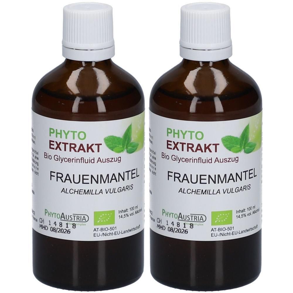 Zwei braune Glasflaschen mit weißem Deckel und Etikett. Aufschrift: Phyto Extrakt, Frauenmantel, Alchemilla vulgaris. Bio-Siegel.