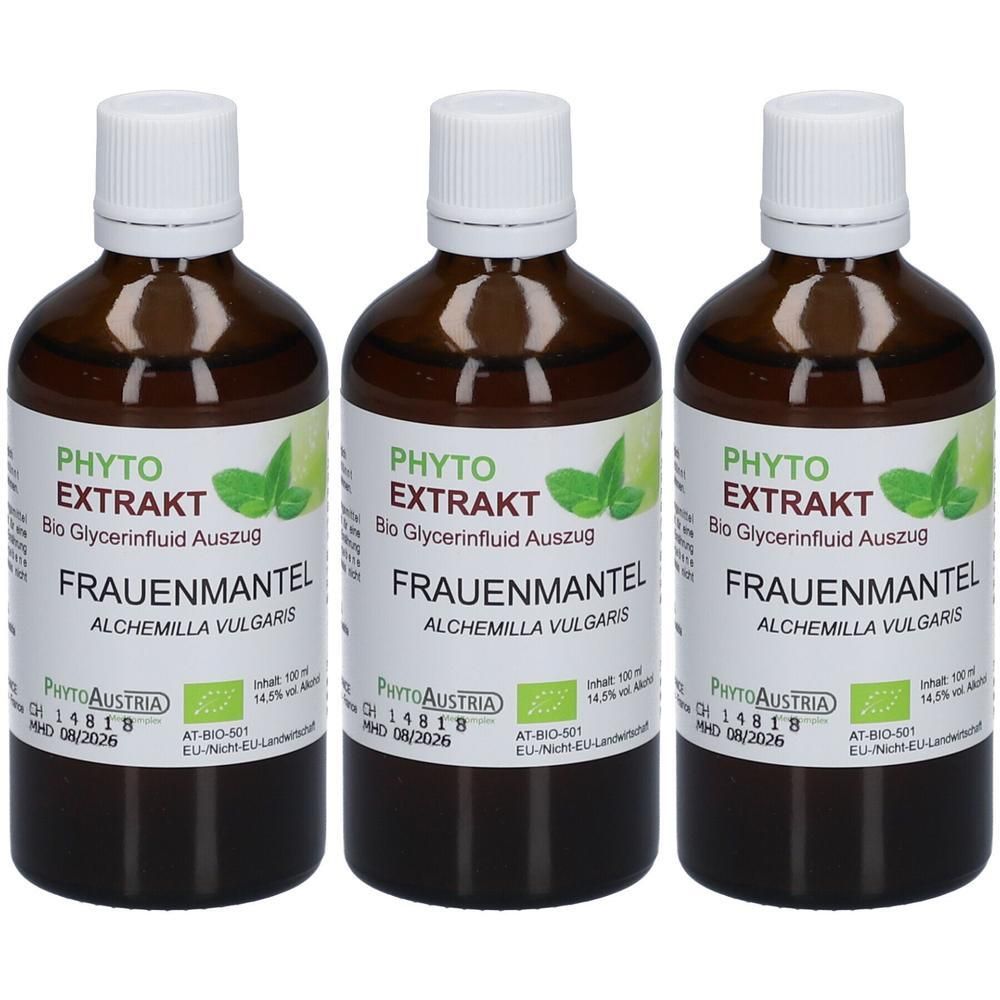 Drei braune Glasflaschen mit weißem Deckel. Etikett mit Produktnamen, Logo und Zertifizierung. Aufschrift: Frauenmantel.