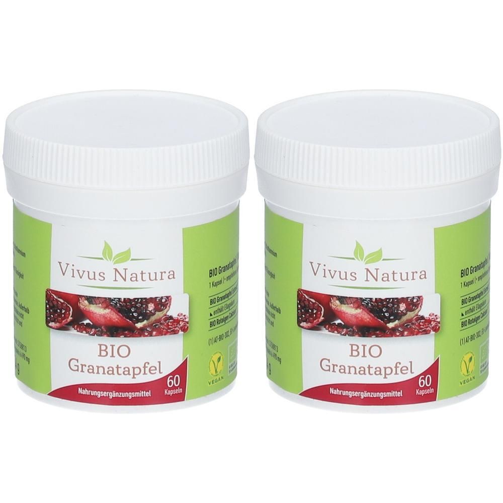 Zwei weiße Dosen mit Deckel. Aufschrift: Vivus Natura BIO Granatapfel. 60 Kapseln. Vegan-Siegel.