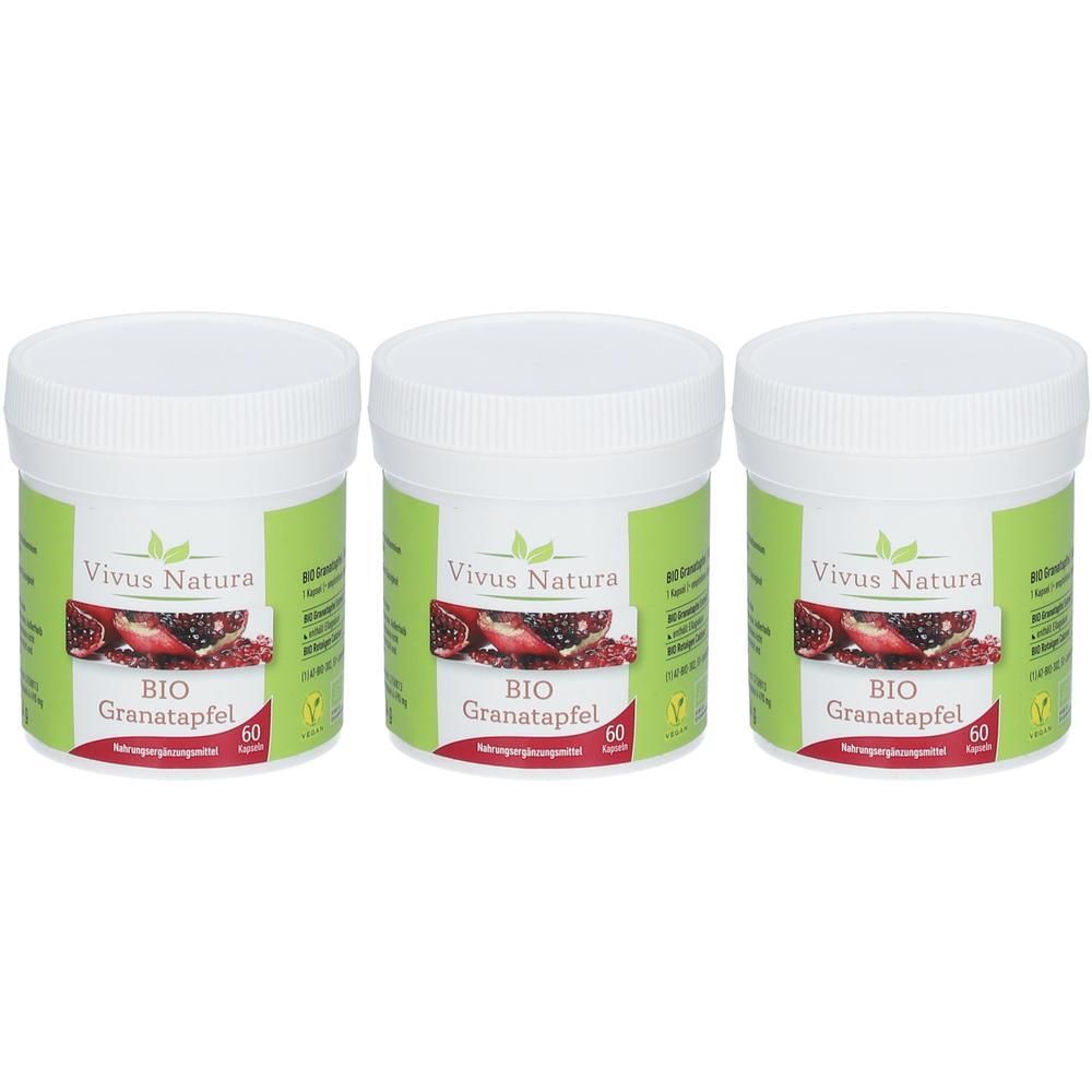 Drei weiße Dosen mit grünem Etikett. Aufschrift: Vivus Natura BIO Granatapfel. Vegan-Siegel. 60 Kapseln.