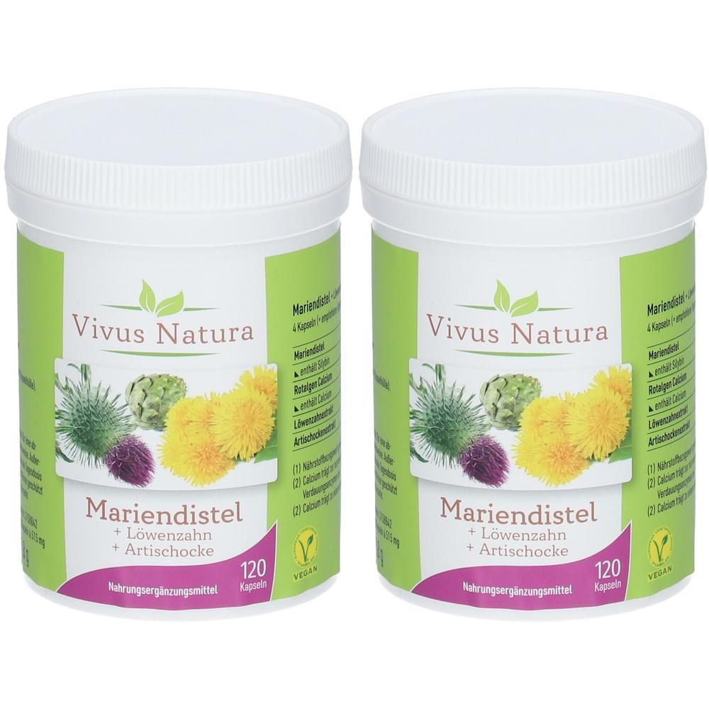 Zwei weiße Dosen mit grünem Etikett. Aufschrift: Vivus Natura, Mariendistel + Löwenzahn + Artischocke. 120 Kapseln. Vegan-Siegel.