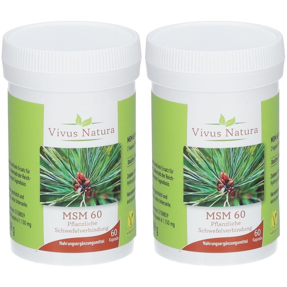 Zwei weiße Kunststoffdosen mit Schraubverschluss. Auf jeder Dose steht "Vivus Natura MSM 60". Grün-weiße Etiketten mit Pflanzenmotiv.