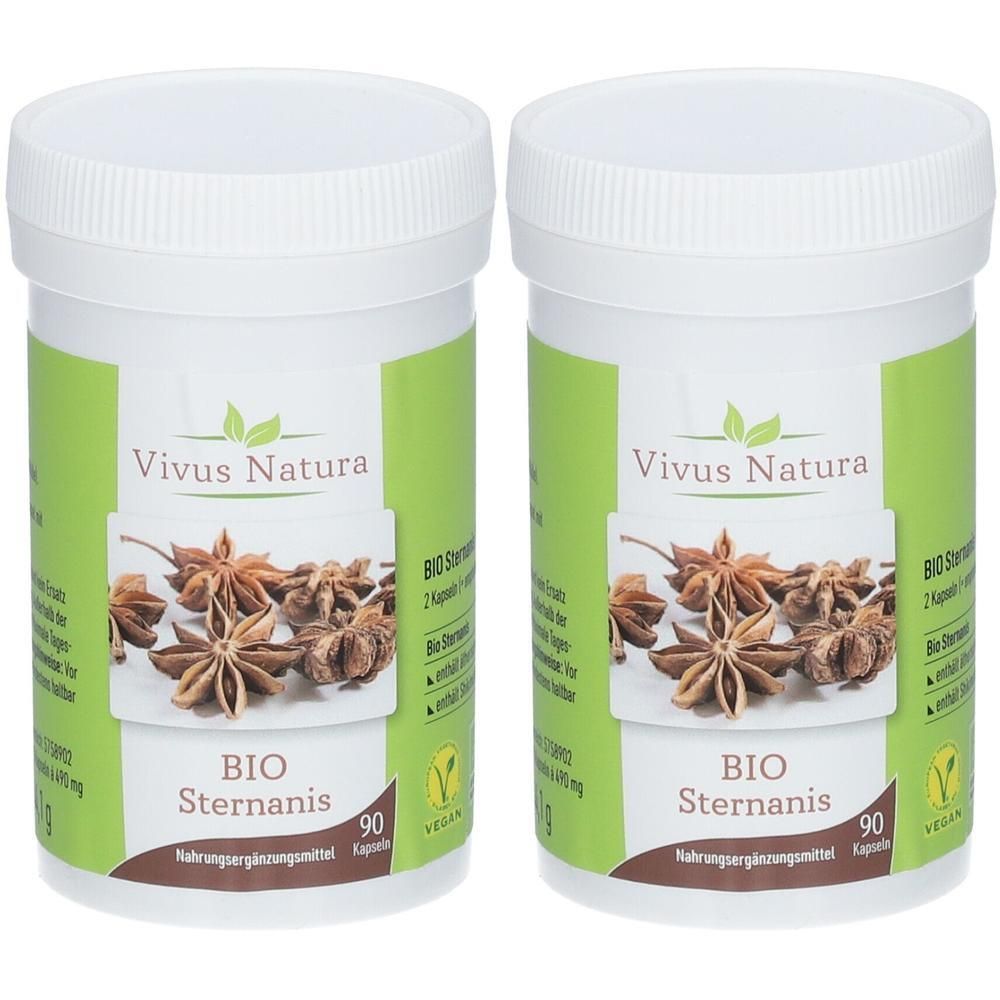 Zwei weiße Dosen mit Deckel. Aufschrift: Vivus Natura, BIO Sternanis, 90 Kapseln. Grün-braunes Etikett mit Sternanis-Abbildung und Vegan-Siegel.