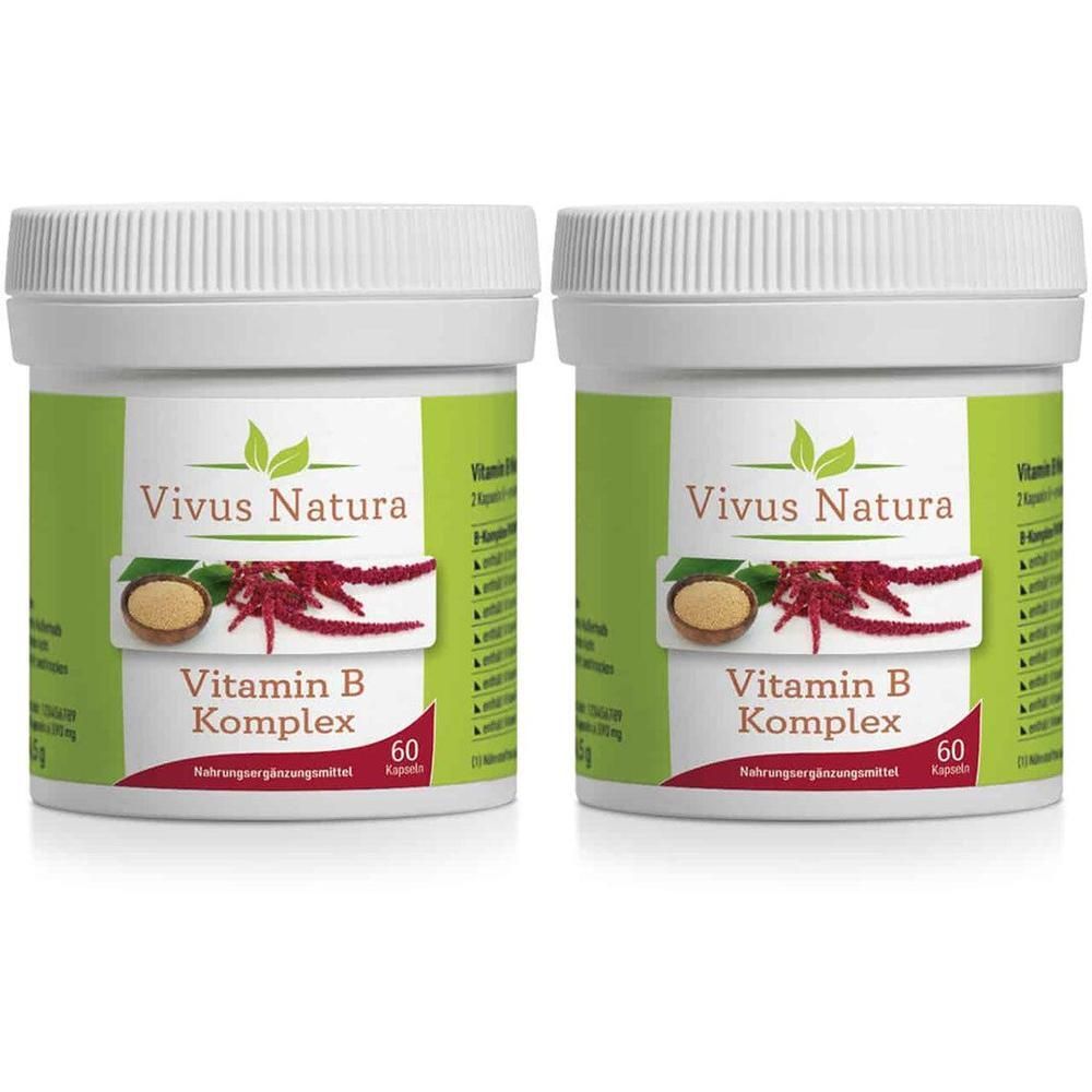 Zwei weiße Dosen mit Schraubverschluss. Aufschrift: Vivus Natura Vitamin B Komplex. 60 Kapseln. Grün-rotes Etikett mit Produktabbildung.