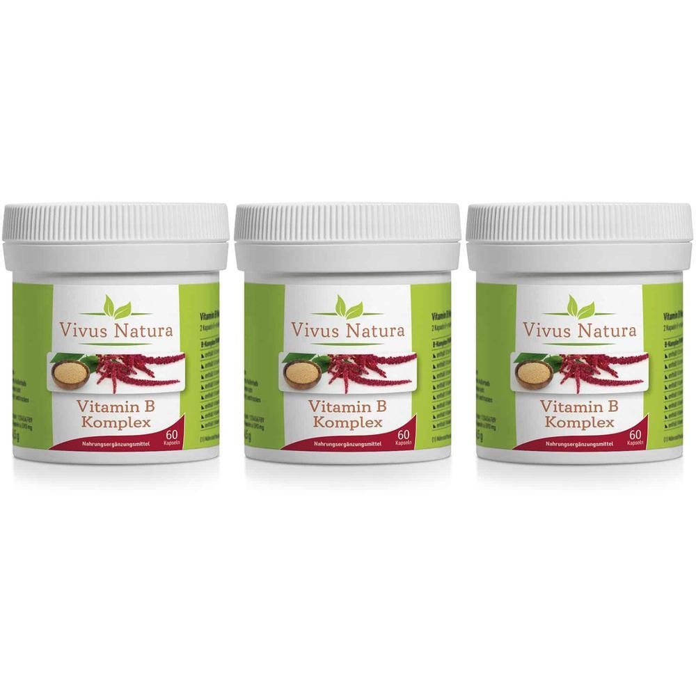 Drei weiße Dosen mit grünen und roten Etiketten. Aufschrift: Vivus Natura, Vitamin B Komplex, 60 Kapseln.