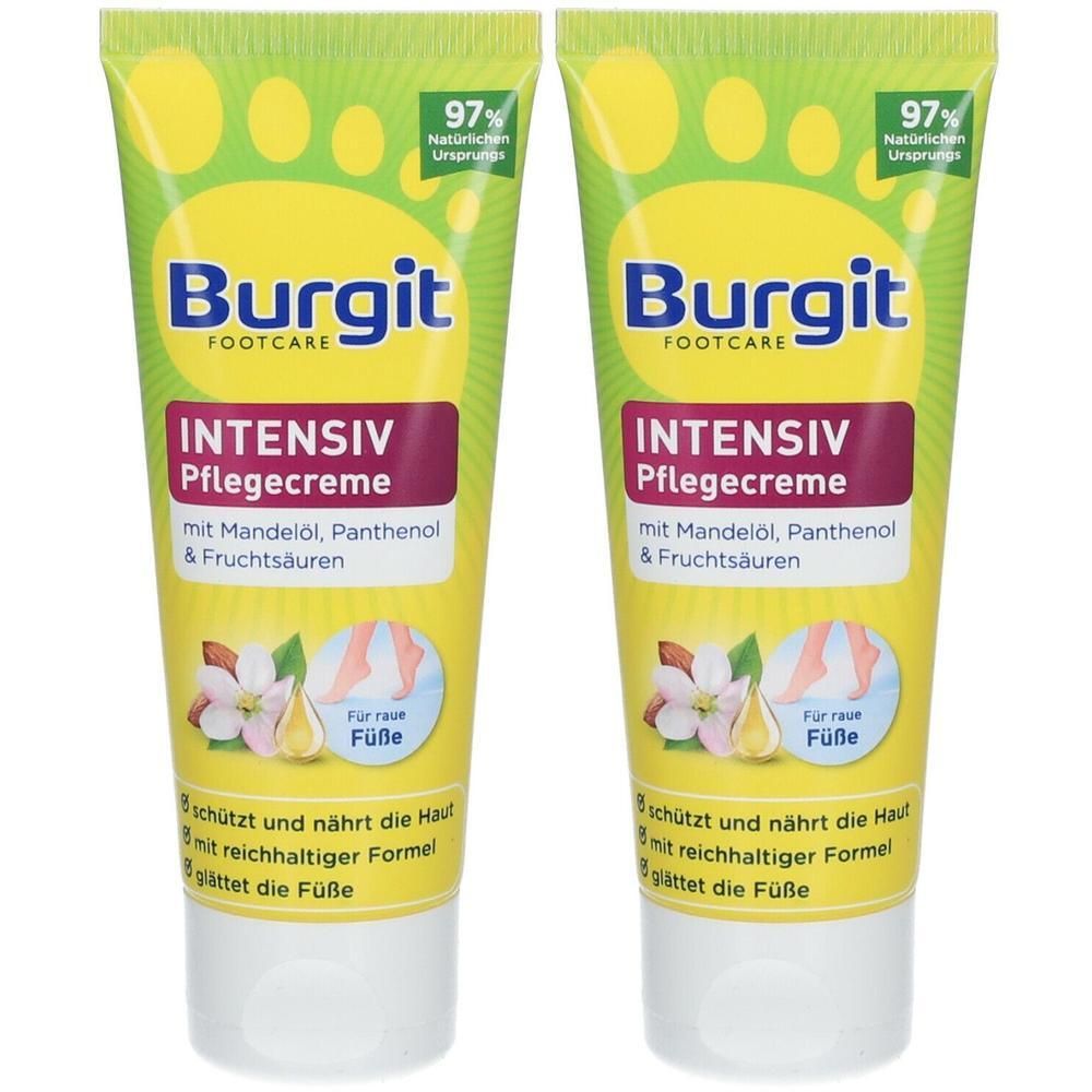 Zwei Tuben Burgit INTENSIV Pflegecreme. Grün-gelbe Verpackung mit Produktnamen und Inhaltsstoffen. Aufschrift: Für raue Füße.