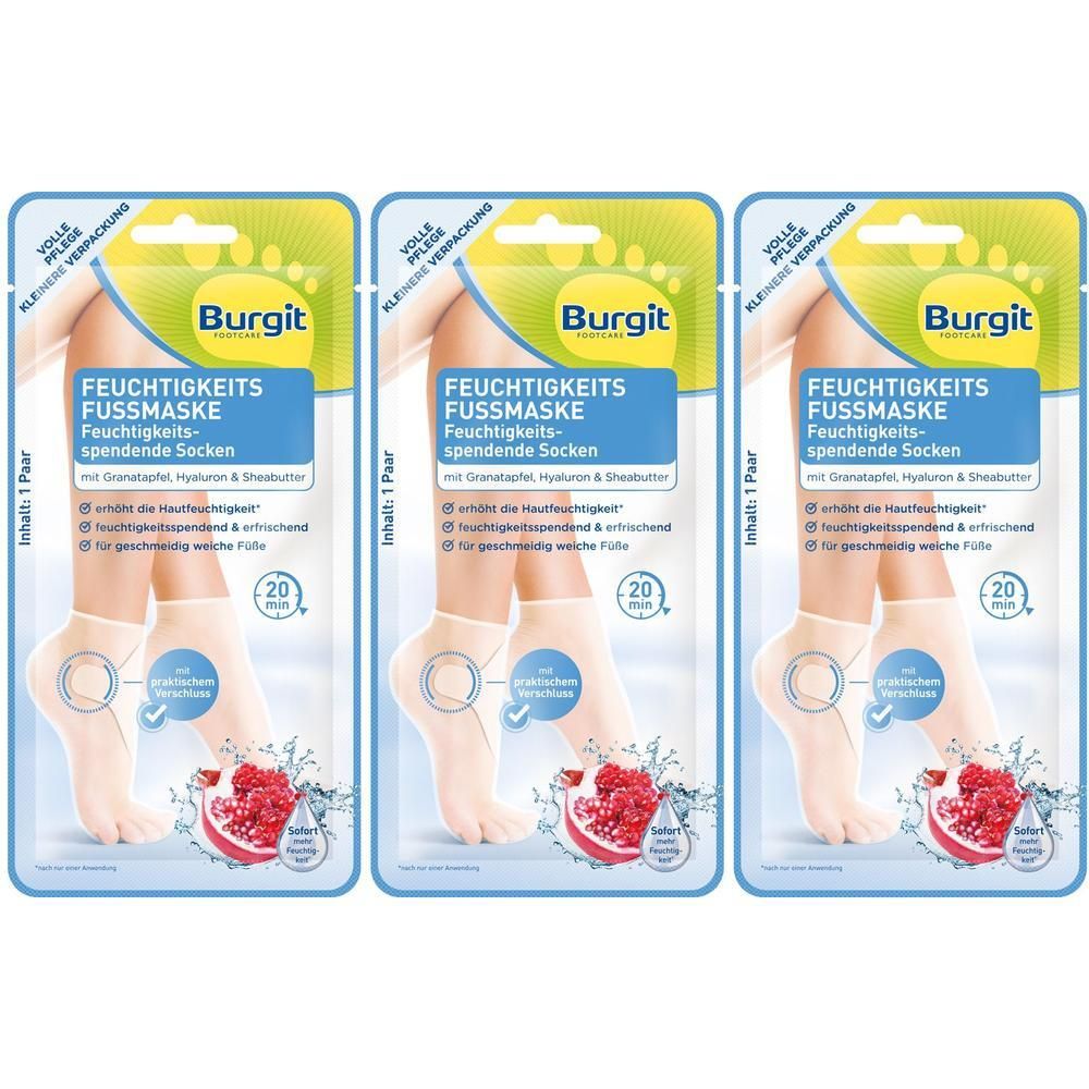 Drei Packungen Burgit Feuchtigkeits Fussmaske. Jede Packung enthält ein Paar Socken. Aufdruck mit Produktname und Inhaltsangaben.