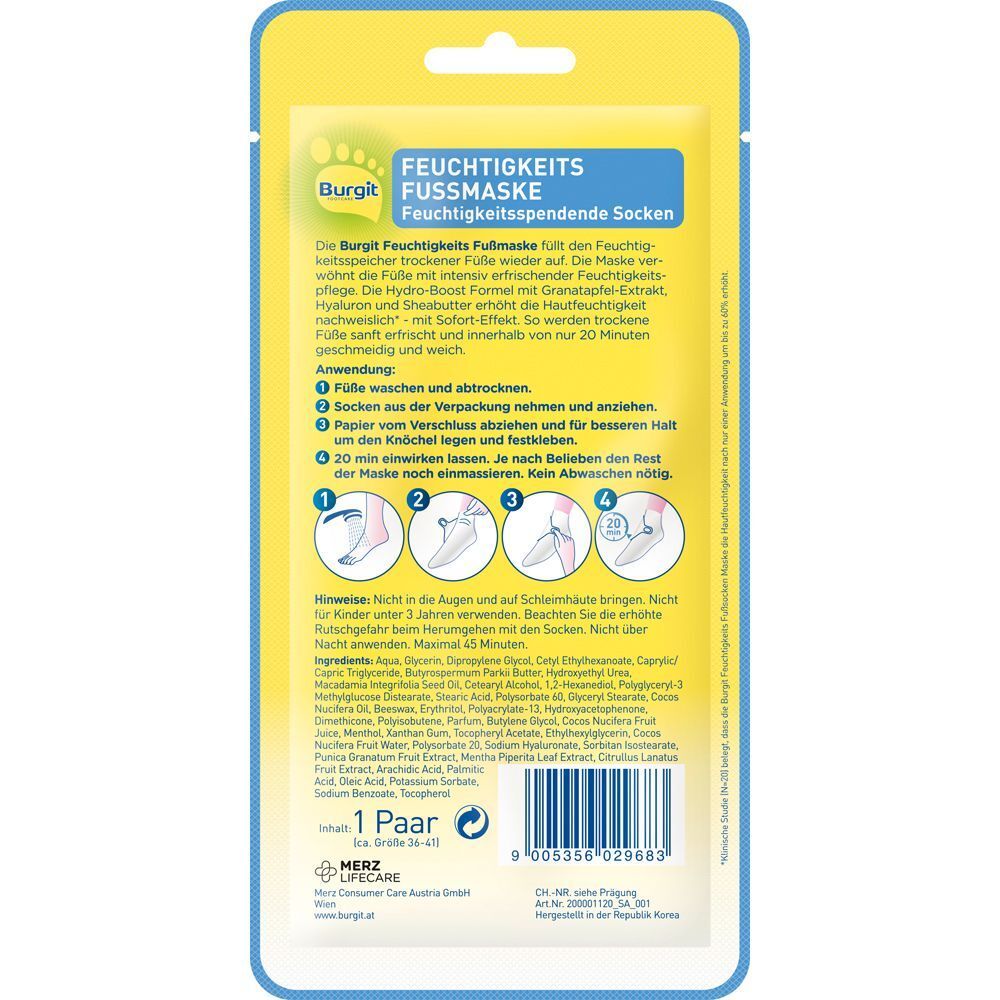 Rückseite der Burgit Feuchtigkeits Fussmaske Packung. Produktname, Anwendungshinweise und Inhaltsstoffe sind aufgedruckt.
