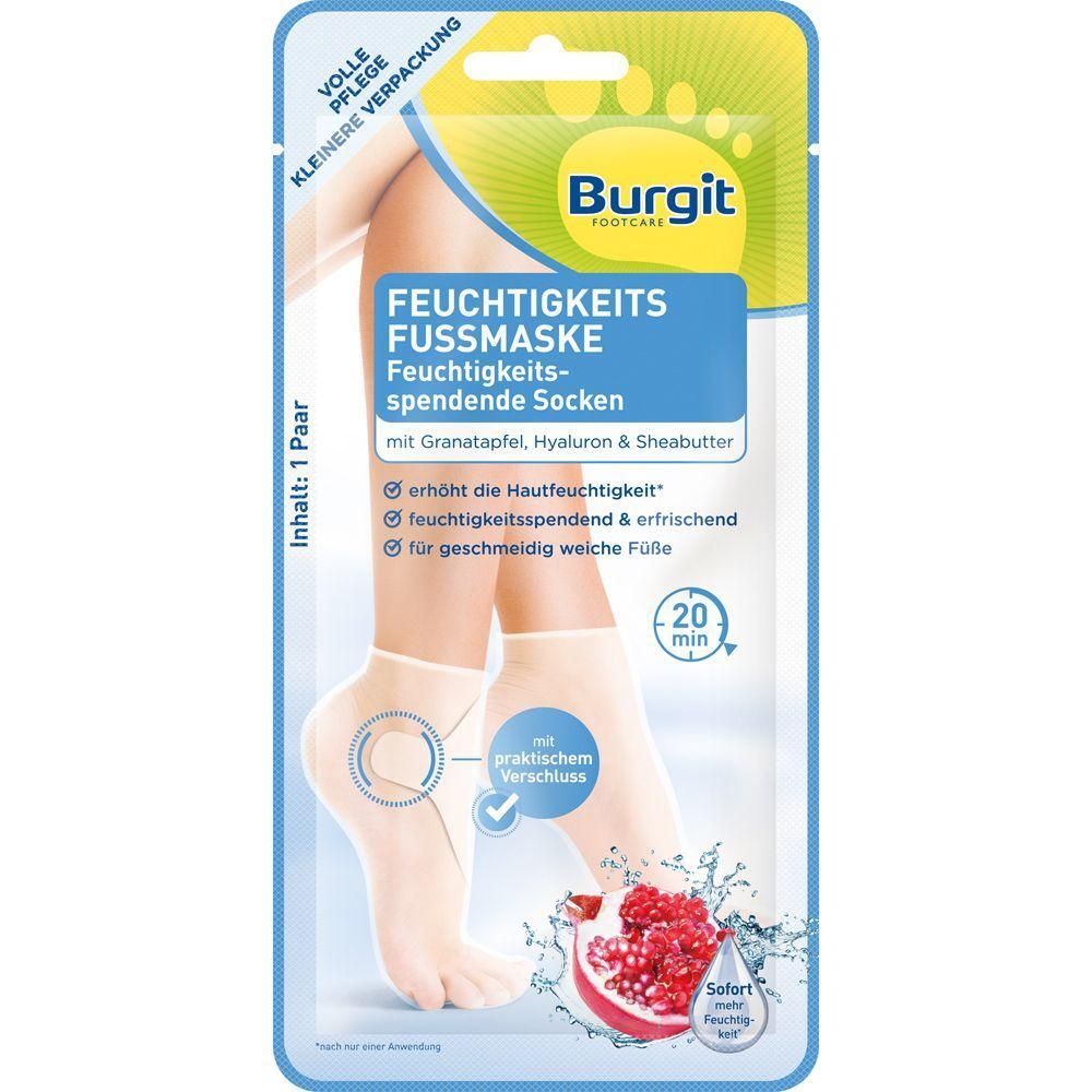 Verpackung mit Fußmaske. Blaue und weiße Verpackung mit Produktname und Fußabbildung. Enthält ein Paar Socken.