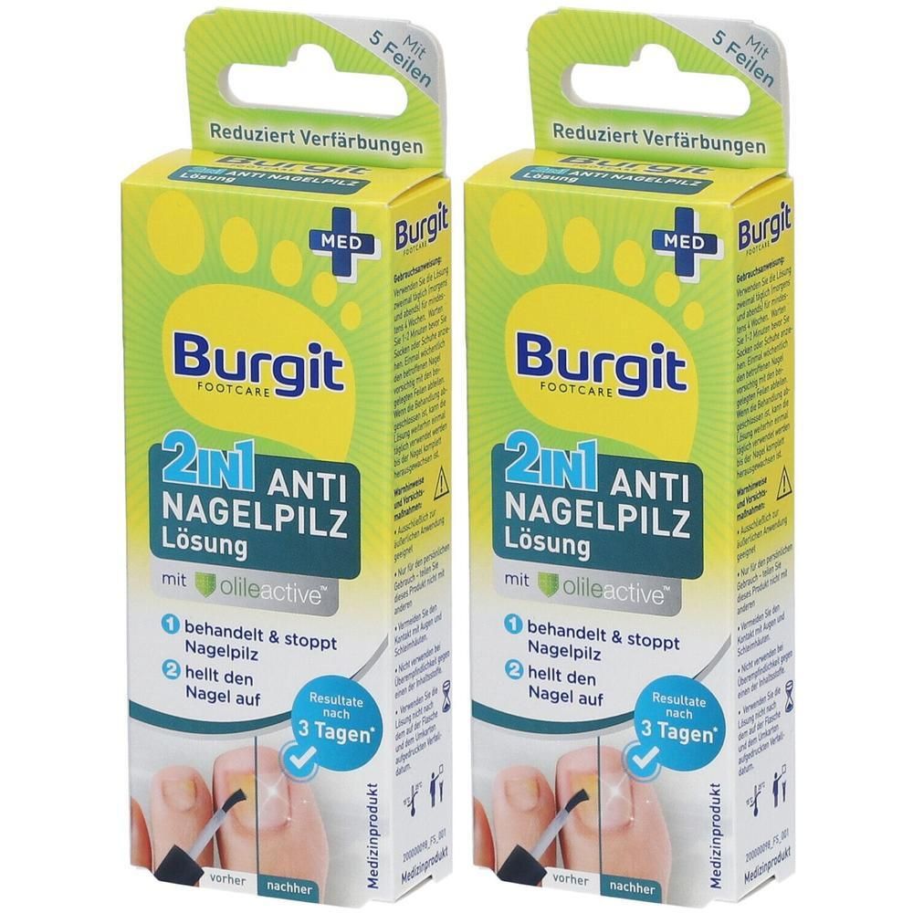 Zwei Packungen Burgit 2in1 Anti Nagelpilz Lösung. Gelbe Verpackung mit Produktnamen und Fußabbildung. Enthält 5 Feilen.
