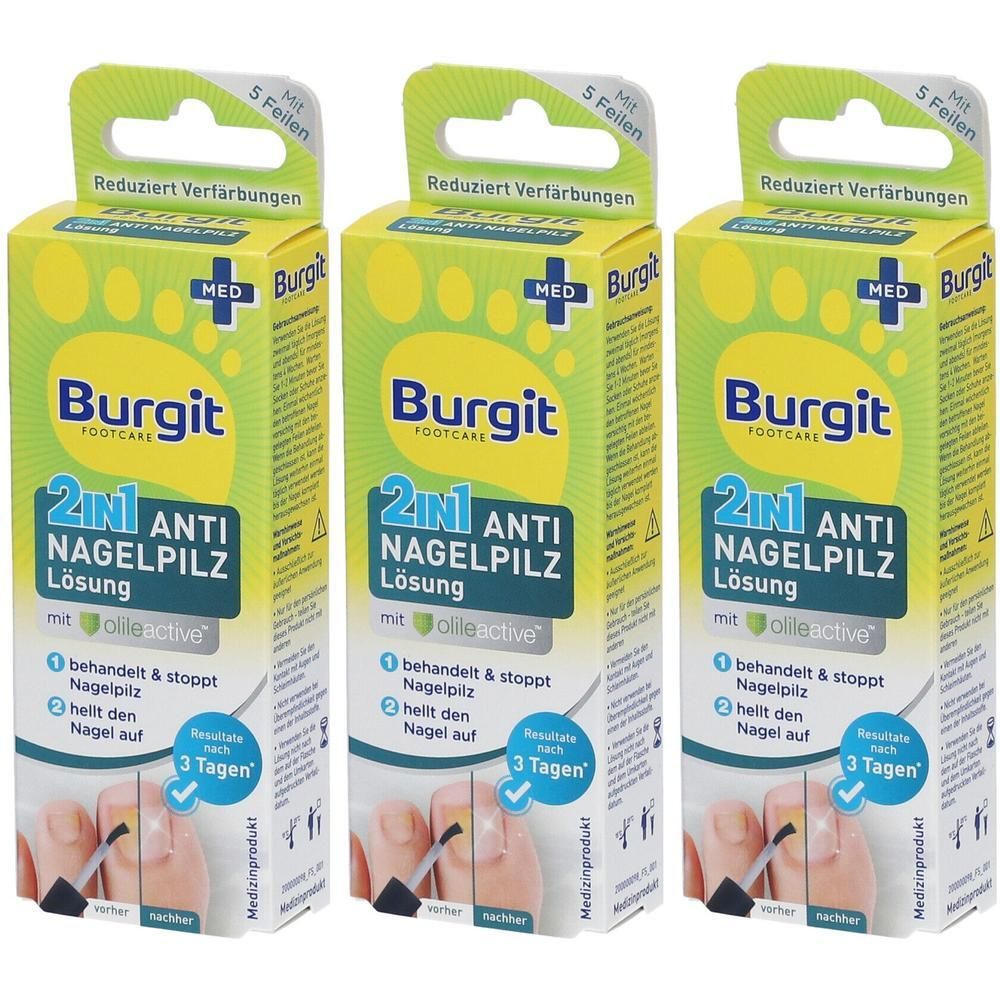 Drei Schachteln Burgit 2in1 Anti Nagelpilz Lösung. Gelbe Verpackung mit grünen Akzenten und Produktinformationen. Medizinprodukt.