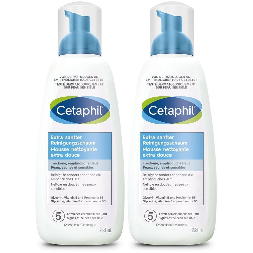 Zwei Flaschen CETAPHIL Extra sanfter Reinigungsschaum. Weiße Flaschen mit blauem Pumpkopf. Blaue und grüne Etiketten mit Produktinformationen.