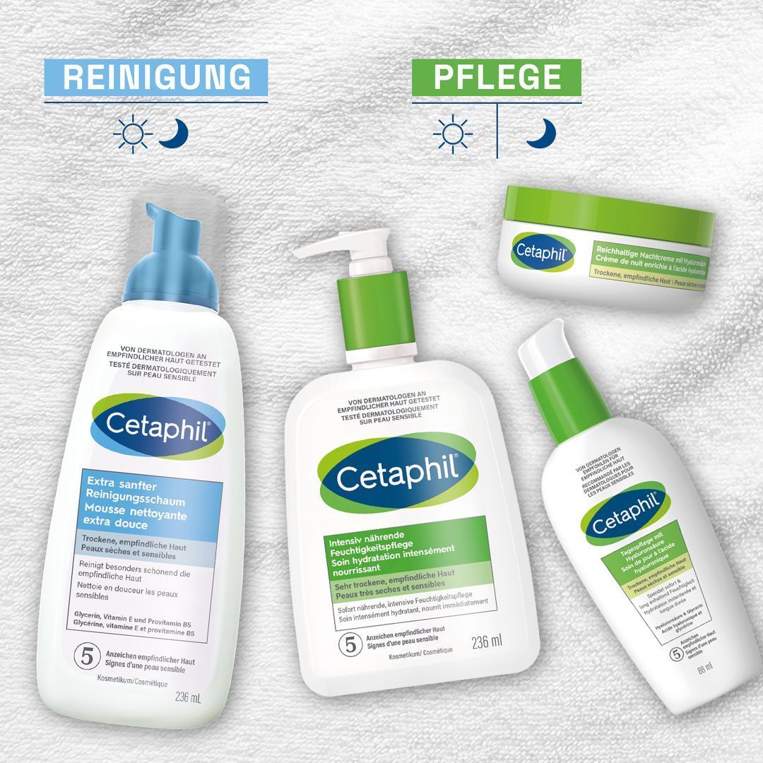 Verschiedene CETAPHIL Produkte. Extra sanfter Reinigungsschaum, Intensiv feuchtigkeitsspendende Pflege, und Feuchtigkeitspflege. Alle mit grünen Akzenten.
