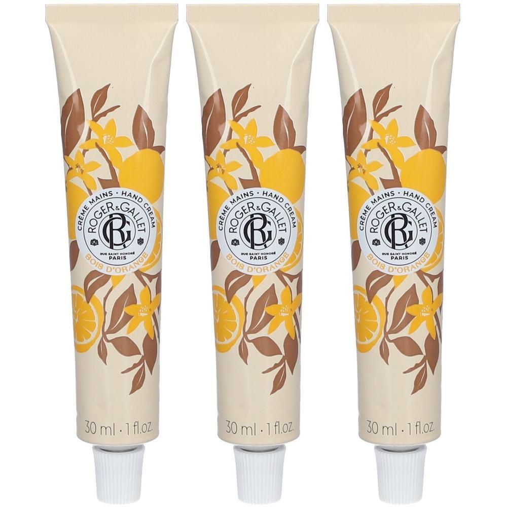 Drei Tuben Handcreme. Beige Tuben mit floralem Design und Produktnamen. Weiße Kappen. Aufschrift: ROGER & GALLET, Bois d'Orange.