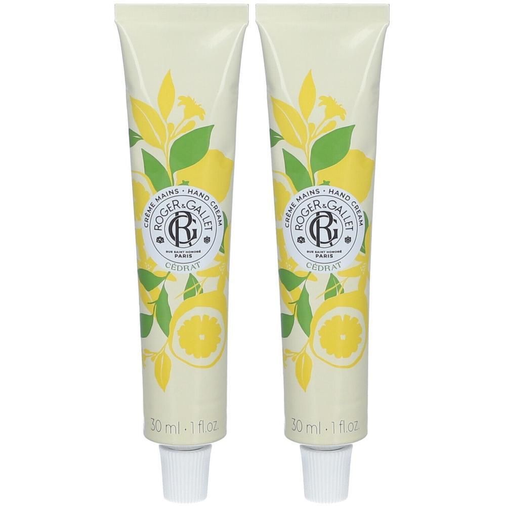 Zwei Tuben Handcreme mit gelbem Design und Zitronen-Motiv. Aufschrift: ROGER & GALLET, CÉDRAT. Unten: 30 ml - 1 fl.oz.