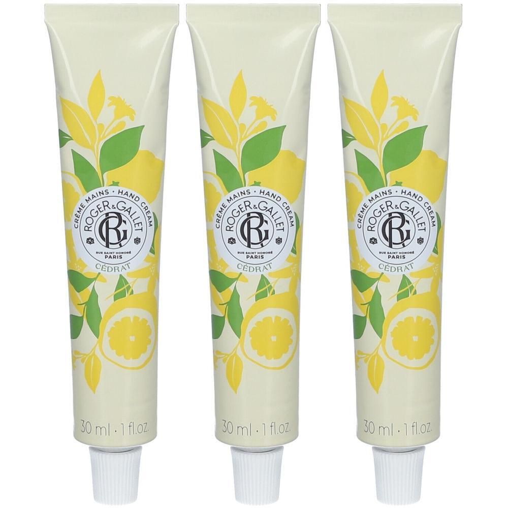 Drei Tuben Handcreme. Auf jeder Tube: Logo, Schriftzug „Cédrat“ und Illustrationen von Zitronen und Blättern. Unten: „30 ml - 1 fl oz“.