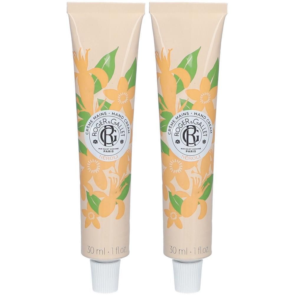 Zwei Tuben Handcreme. Beige Grundfarbe mit floralem Muster. Aufdruck: ROGER & GALLET, NÉROLI, Creme Mains, 30 ml.