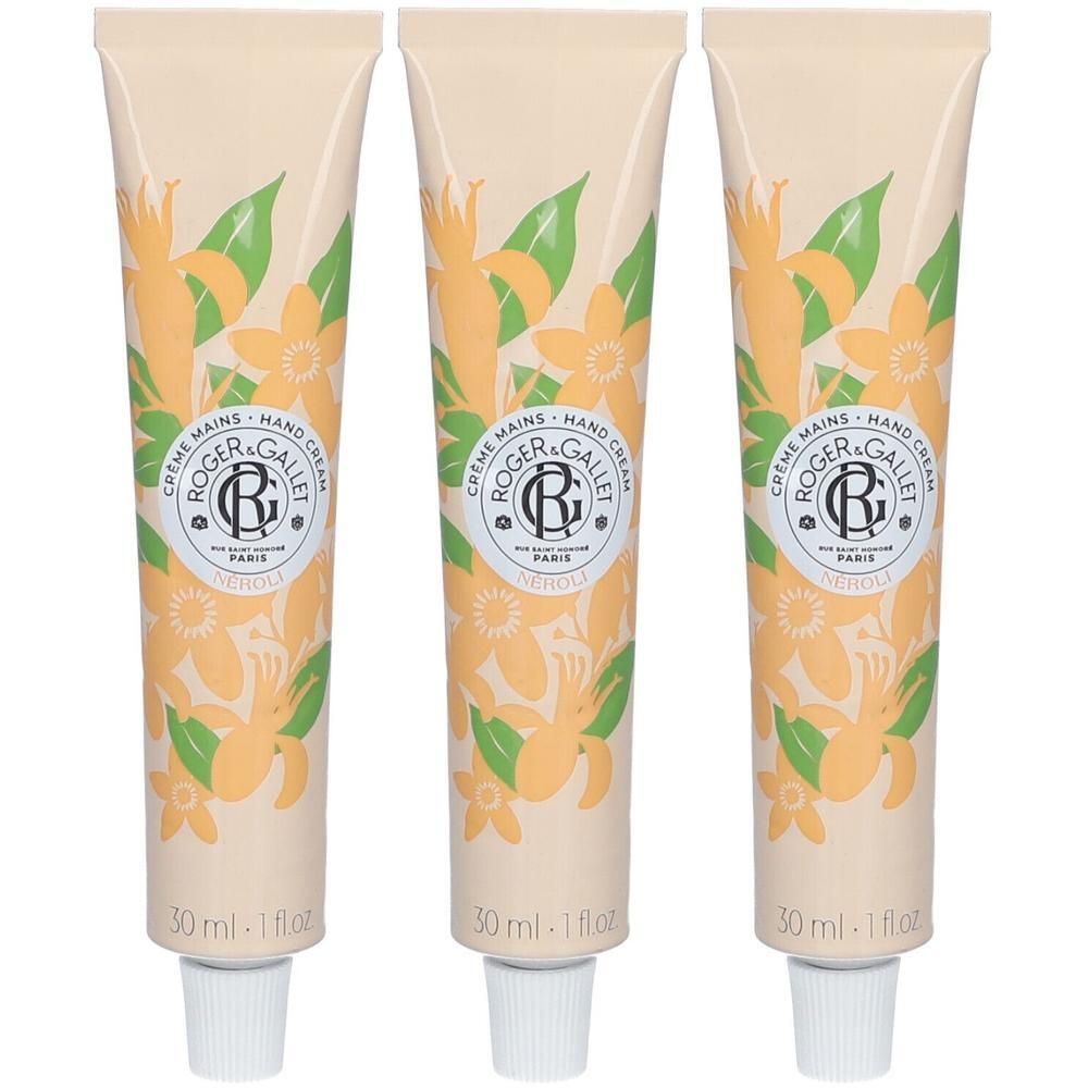 Drei Tuben Handcreme mit floralem Muster. Aufschrift: ROGER & GALLET, NÉROLI. Volumen: 30 ml.