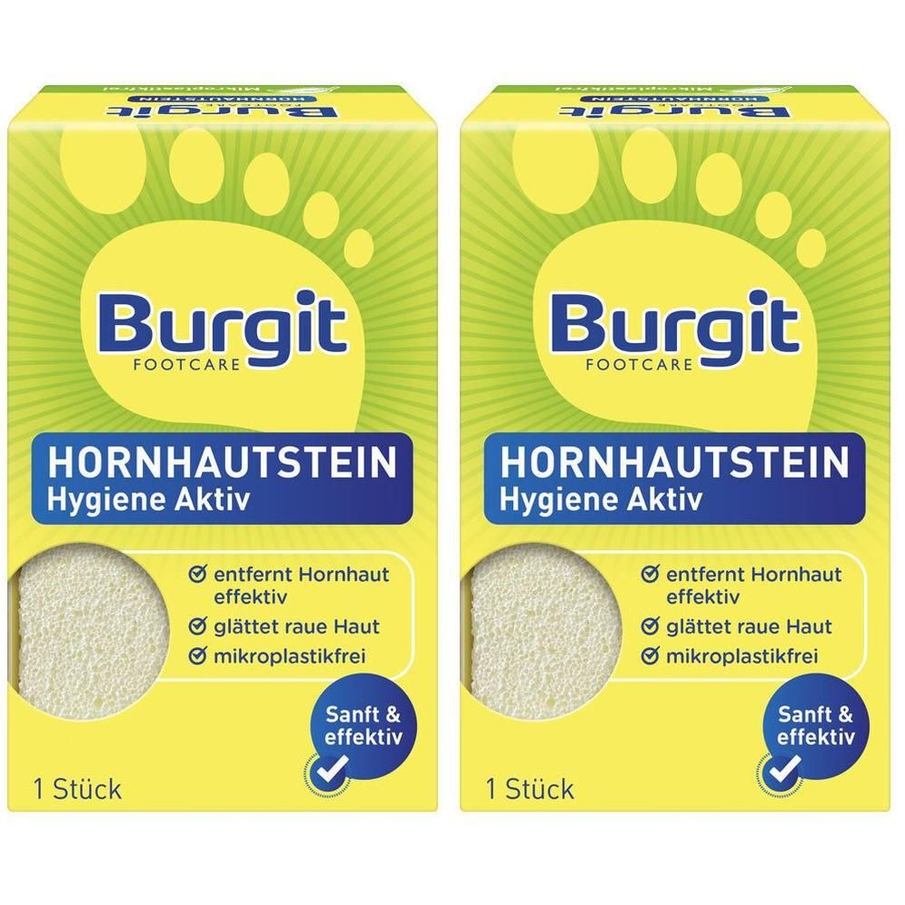 Zwei Packungen Burgit FOOTCARE HORNHAUTSTEIN. Gelbe Verpackung mit Produktnamen und Fußabdruck. Enthält einen Bimsstein.