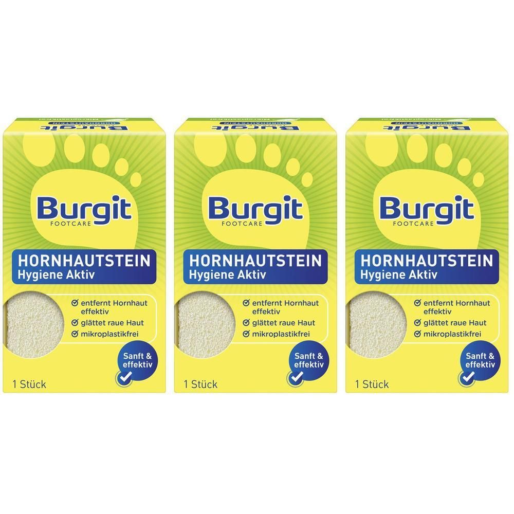 Drei gelbe Kartons mit dem Produktnamen Burgit FOOTCARE HORNHAUTSTEIN. Aufschrift: Hygiene Aktiv. Enthält einen Hornhautstein. 1 Stück.