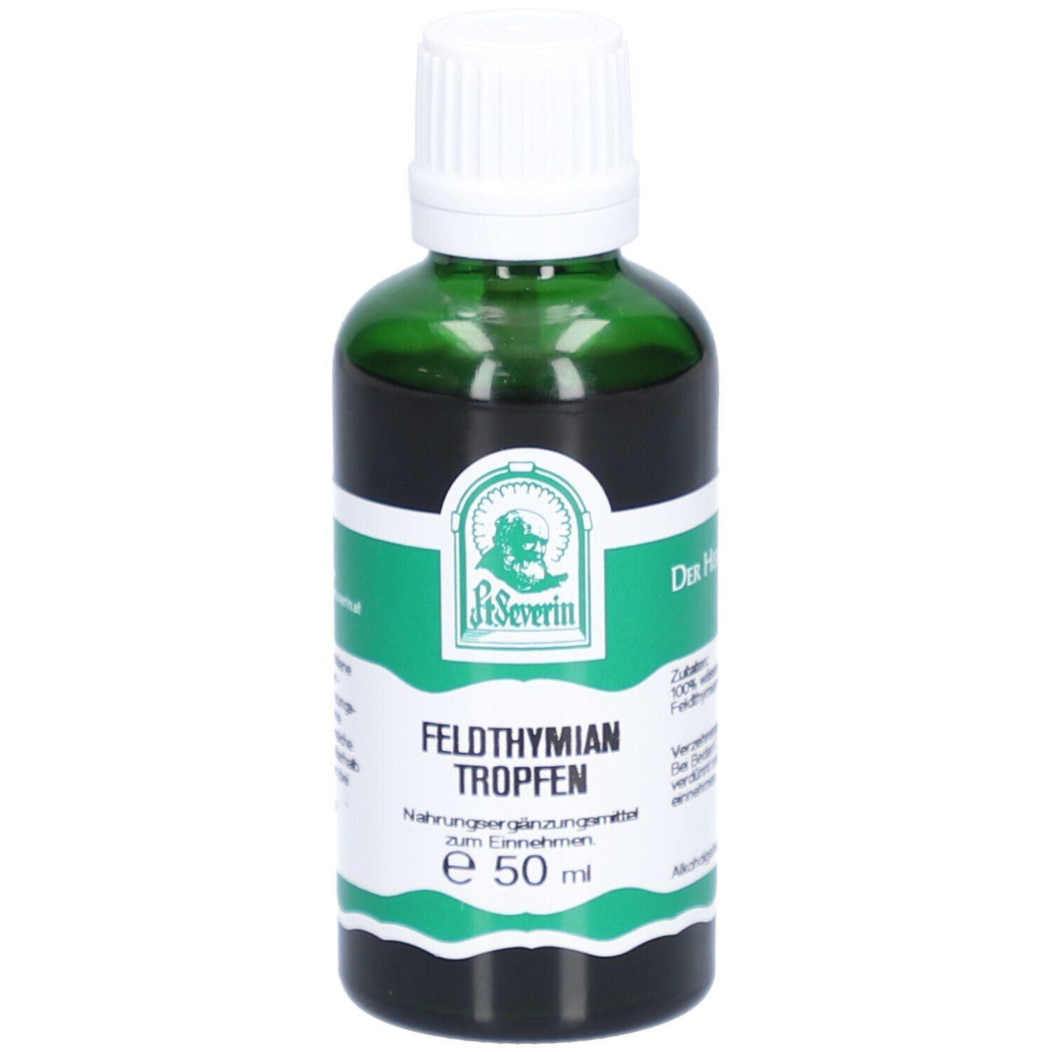 Grüne Glasflasche mit weißem Deckel. Etikett mit Logo und Schriftzug Feldthymian Tropfen. Nahrungsergänzungsmittel.