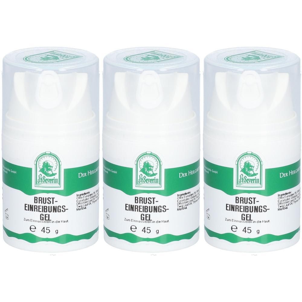Drei weiße Flaschen mit transparenten Deckeln. Aufschrift: Brust-Einreibungs-Gel, e 45 g. Logo: St. Severin.