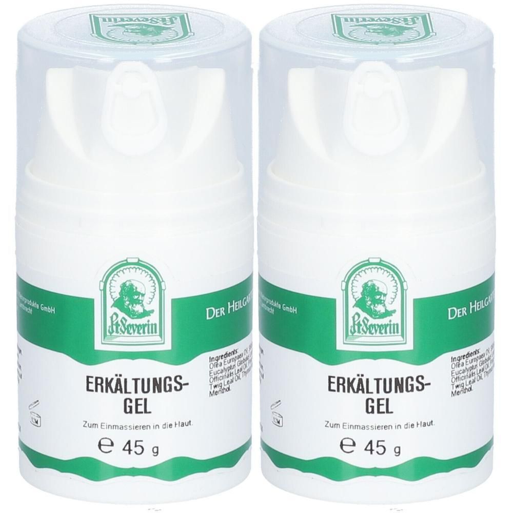 Zwei weiße Flaschen mit grünem Etikett. Aufschrift: St. Severin Erkältungs-Gel. Enthält 45 g. Mit Dosierkopf.