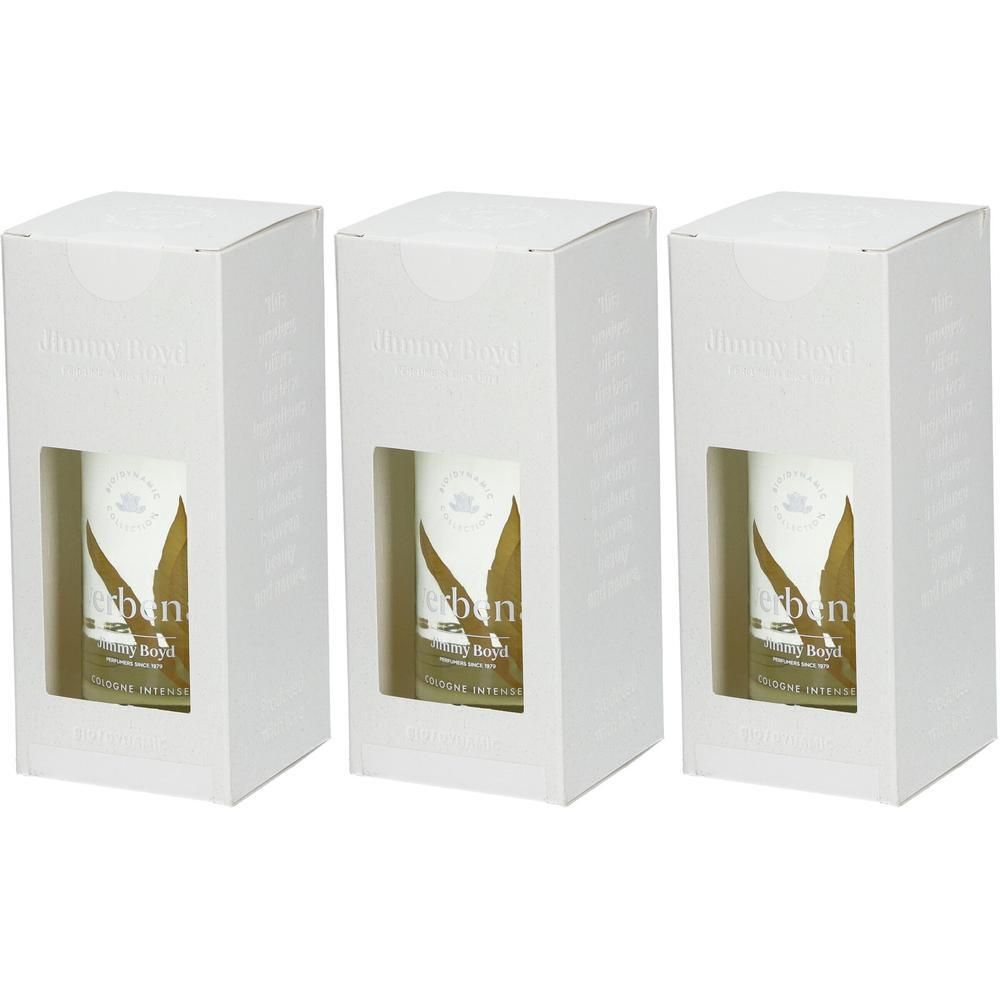Drei weiße Kartons mit Sichtfenstern, die Flaschen mit Jimmy Boyd Cologne Intense Verbena zeigen.