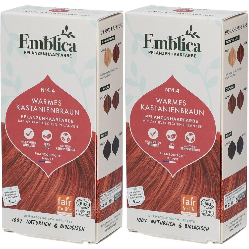 Zwei Packungen Emblica Pflanzenhaarfarbe N°4.4 Warmes Kastanienbraun mit ayurvedischen Pflanzen.