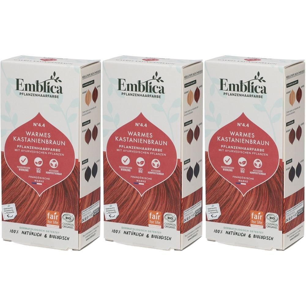 Drei Packungen Emblica Pflanzenhaarfarbe Nr. 4.4 Warmes Kastanienbraun. Natürliche und biologische Inhaltsstoffe.
