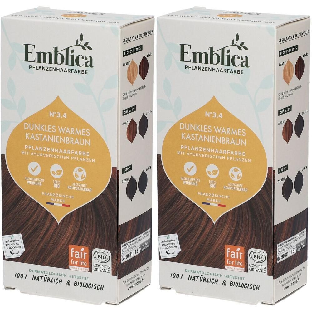Zwei Packungen Emblica Pflanzenhaarfarbe N°3.4 Dunkles warmes Kastanienbraun. Dermatologisch getestet, 100% natürlich & biologisch.