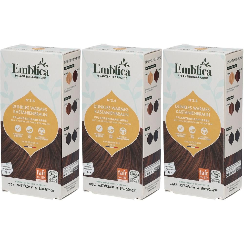Drei Schachteln Emblica Pflanzenhaarfarbe Nr. 3.4 Dunkles Warmes Kastanienbraun. Natürliche und biologische Inhaltsstoffe.